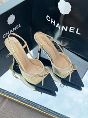 Chanel Beige and Black Slingback Heels with Bow Detail – Iconic Designer Shoes for Effortless Elegance