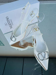 Valentino Garavani White Snake-Embossed Slingback Pumps with Silver V Buckle – Elegant Designer Heels