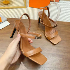 Women's Tan Square-Toe High-Heel Sandals with Ankle Strap and Gold Accent