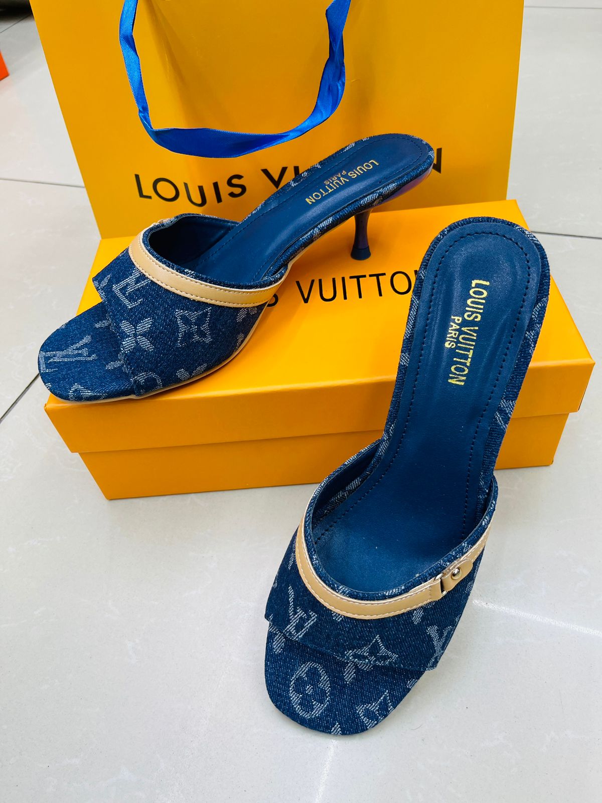 Louis Vuitton Denim Monogram Mules with Kitten Heel – Chic Designer Slip-On Shoes