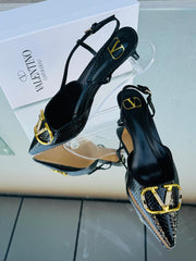 Valentino Garavani Black Snake-Embossed Slingback Pumps with Gold V Buckle – Iconic Designer Heels