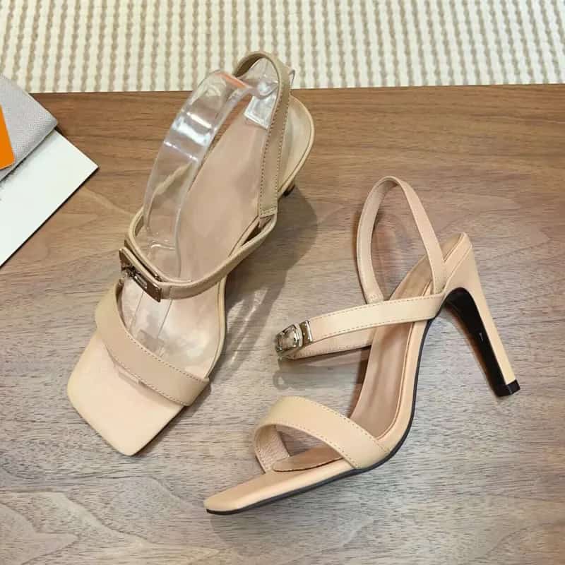 Women’s Nude Square-Toe High-Heel Sandals with Ankle Strap and Gold Buckle
